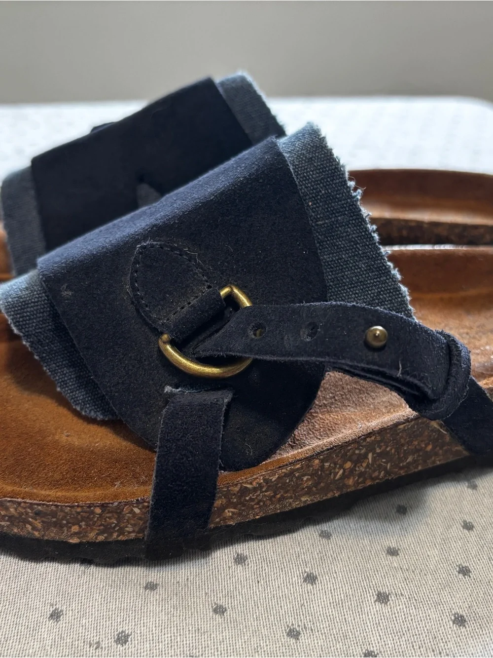Sundance Navy Suede Denim Cork Slide Sandal Bronze Buckle Birkenstock Style NEW